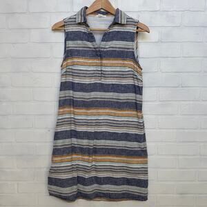 Beach Lunch Lounge Linen Cotton Blend Blue Striped Sleeveless Shirt Dress sz S